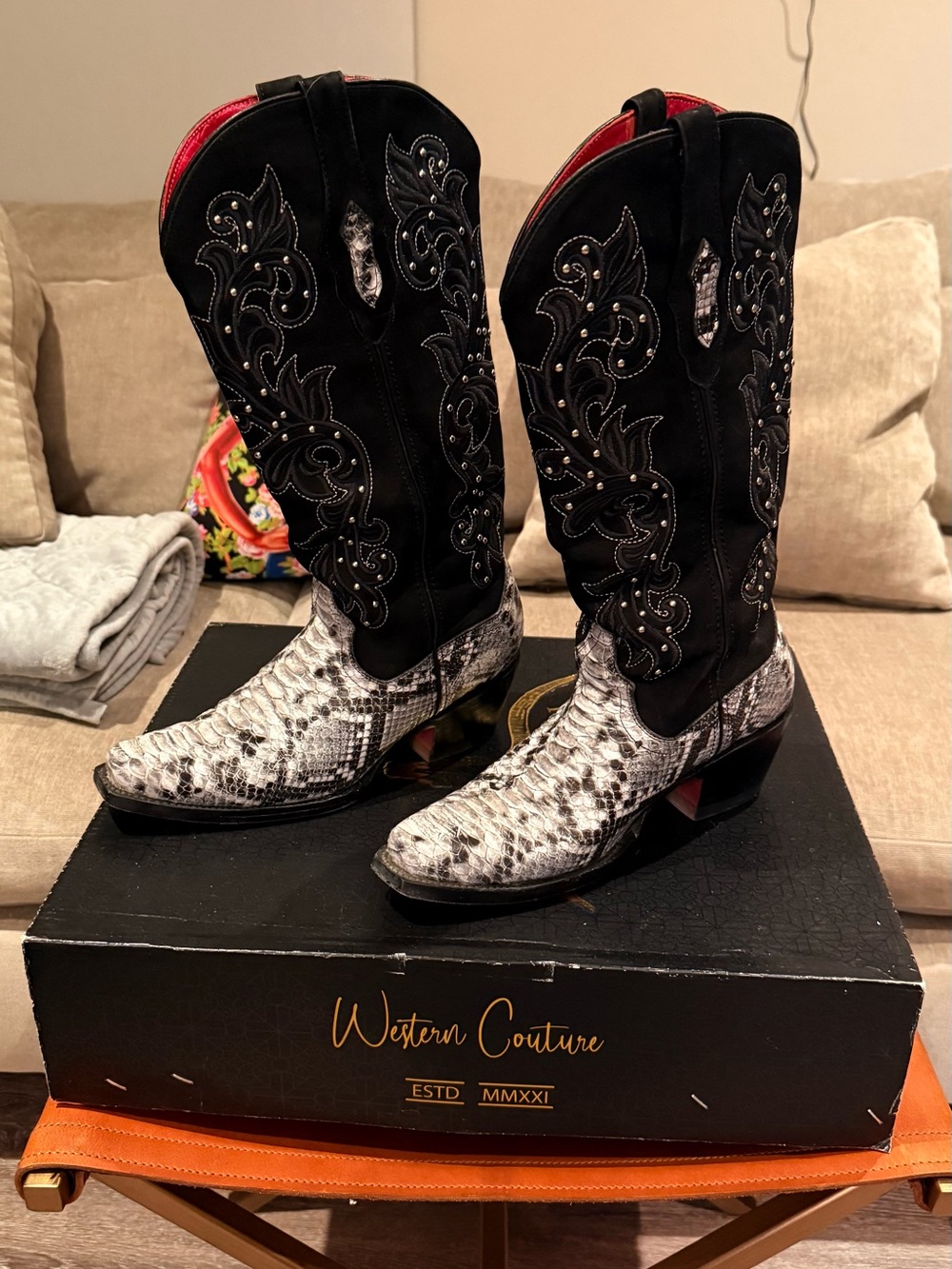Women's Black & White Snake Print Cowboy Boots